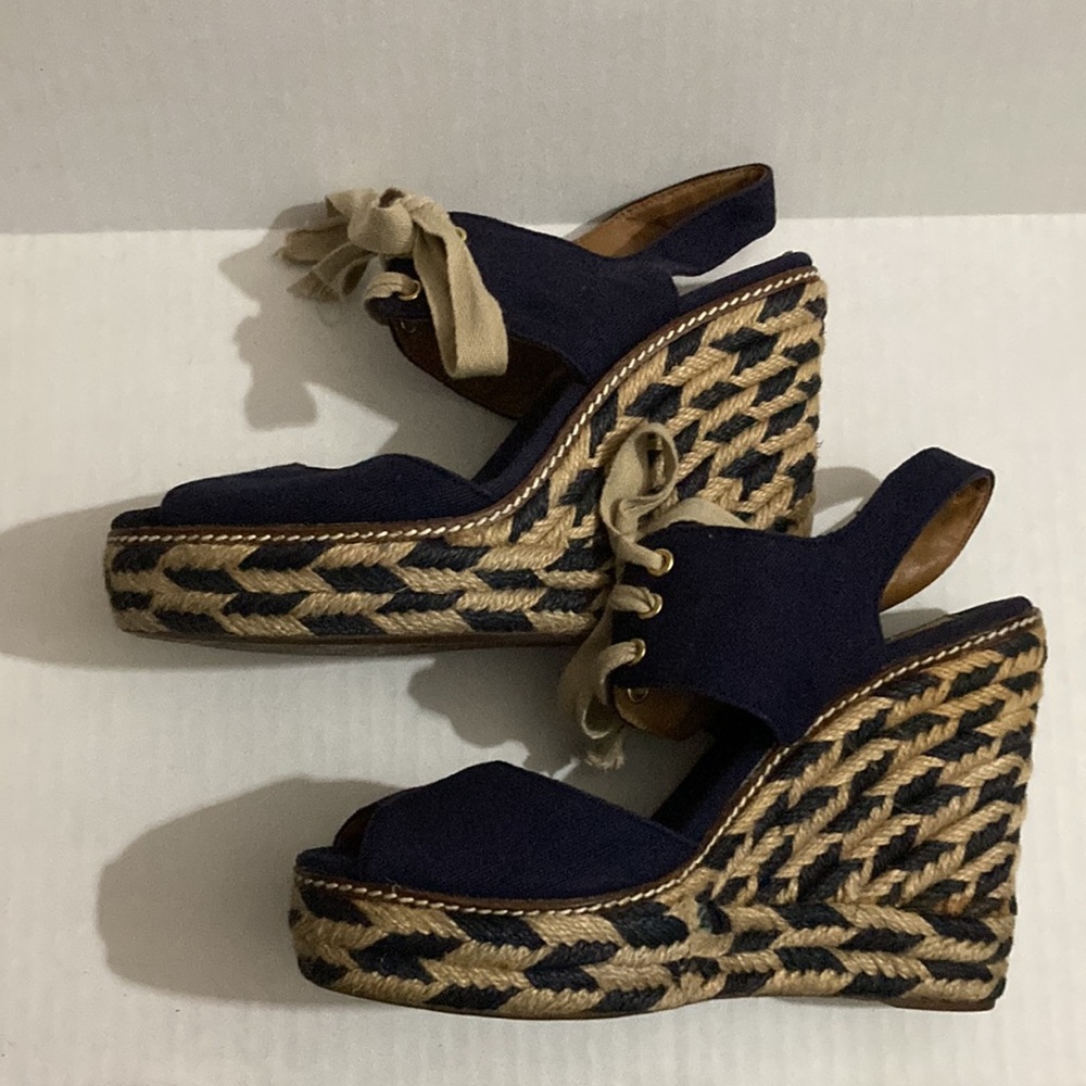 Tory Burch Linley blue navy wedge/espadrilles sandals.